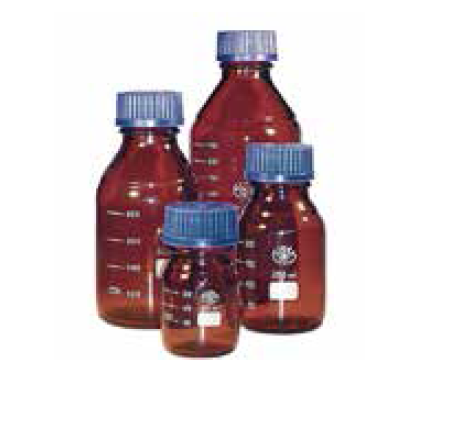 LG2070.H.00100 Laboratuvar Şişesi, Mavi Vida Kapaklı (GL 45), Otoklavlanabilir, Amber 100 ml Hacim, 56 mm Çap, 105 mm Boy