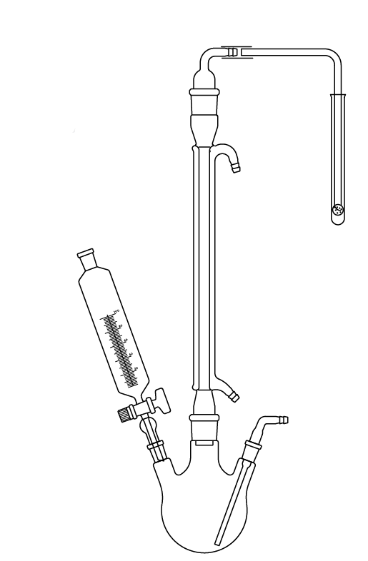 LG028.05.0500 Sülfürdioksit Tayin Düzeneği Balon 500 ml, Soğutucu düz 30 cm, Damlatma hunisi 100 ml, Çıkış borulu kapak NS: 29/32, Gaz borusu NS: 19/26